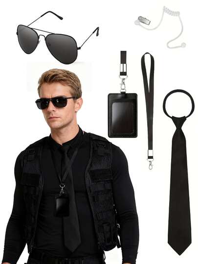 Set de 5 piezas de accesorios de disfraz de agente secreto, corbata ajustable con estilo, gafas de moda negras, auricular de utilería, traje de secreta, disfraz de guardaespaldas, juego de cosplay de moda para hombres y mujeres