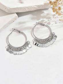 一对圆形吊坠耳环，时尚几何圆形吊坠，大号耳环，适合女性，性感迷人 - 銀色 - 查看 4