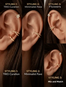 3 piezas de abrazaderas para la oreja chapadas en oro sin perforación para mujeres, clips para la oreja con forma de X cruzada con pavé de circonita cúbica brillante, pendientes de cartílago de flor delicada, conjunto de joyas minimalistas sin perforación - Oro A - Ver 4