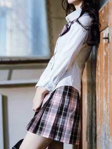 1 pieza Conjunto de uniforme escolar japonés de campus con camisa blanca de manga larga ajustada y falda a cuadros, para otoño/invierno, disfraz de estudiante para festival de música primaveral - Multicolor - Ver 6