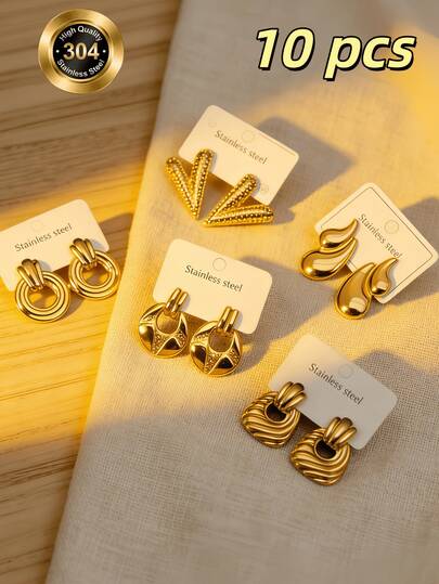 Bộ 10 chiếc - Khuyên tai hình học bằng thép không gỉ mạ vàng 18K thanh lịch dành cho nữ. Thích hợp cho kỳ nghỉ, du lịch và các bữa tiệc. Cũng là món quà lý tưởng cho những dịp đặc biệt hoặc sinh nhật. Bộ khuyên tai, Bộ khuyên tai nữ, Phụ kiện cao cấp, Trang sức mạ vàng, Phụ kiện đi biển cho nữ, Khuyên tai đi biển.