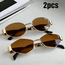 2pcs Retro Bohemian Metal Oval Diamond Shaped Fashion Glasses, High-End Streetwear Style - Gold Gray + Gold Gray - View 9