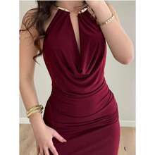 Women's London Dress With Elegant Cowl Neckline, Gold Detail, Open Back, Soft And Lightweight Suplex Fabric. - Gỗ đỏ - Xem 3