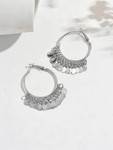 一对圆形吊坠耳环，时尚几何圆形吊坠，大号耳环，适合女性，性感迷人 - 銀色 - 查看 3