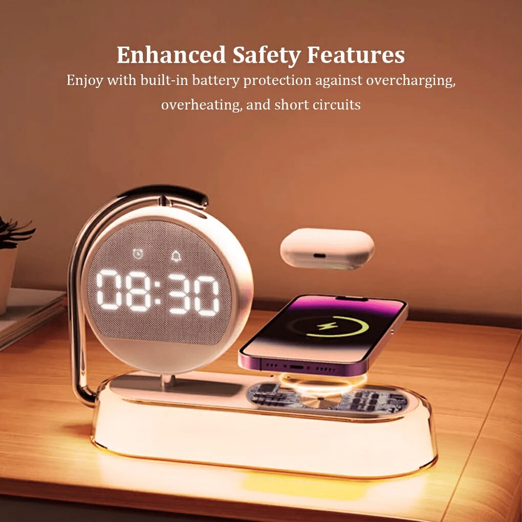 5-In-1 Alarm Clock Night Light, 15W Wireless Charging Station, 360° Rotatable Digital Clock, Dimmable Warm Touch Lamp, Alarm, Time Date Display, USB-C Power, Overcharge Overheat Protection For Bedroom Bedside Desk Decor - 1PC - 查看 1
