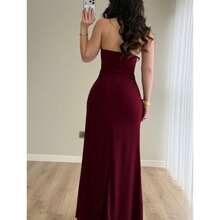 Women's London Dress With Elegant Cowl Neckline, Gold Detail, Open Back, Soft And Lightweight Suplex Fabric. - Gỗ đỏ - Xem 4