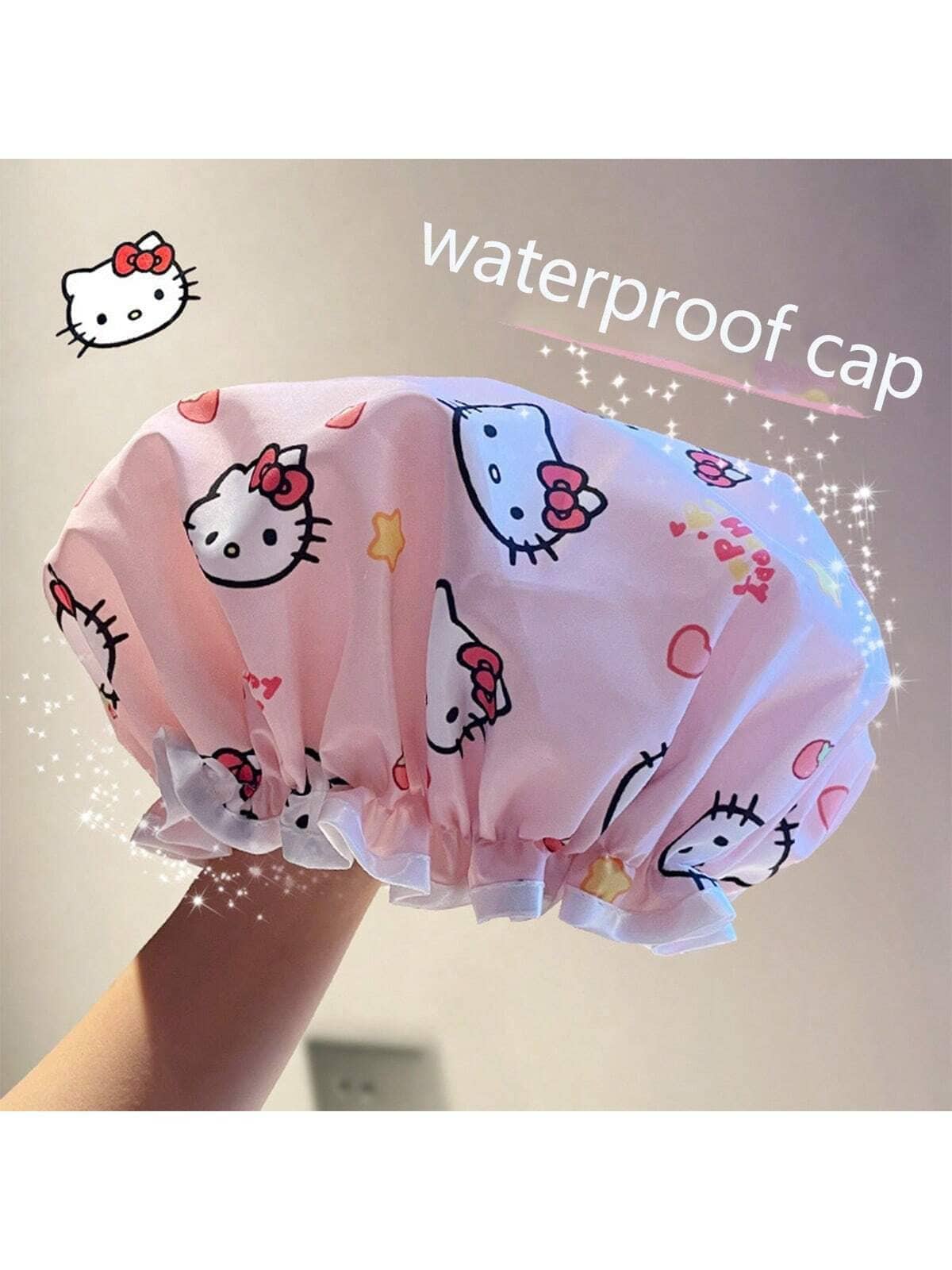 SANRIO 1个可爱浴帽，卡通印花防水浴帽，带荷叶边，女士可爱发饰，理想的圣诞节/生日礼物，送给女孩和粉丝