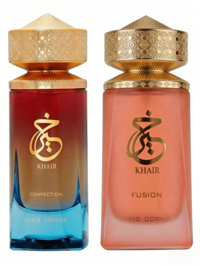 Set de Perfumes Árabes Unisex 2 Frascos PARIS CORNER KHAIR CONFECTION + KHAIR FUSION | Eau de Parfum de Larga Duración Aroma Oriental Intenso | Fragancia para Uso Diario, Ocasiones Especiales y Regalo Original