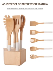 1 pieza/5 piezas Juego de utensilios de cocina de madera natural, herramientas de cocina de alta calidad resistentes al calor y antiadherentes, que incluyen cucharón, cuchara coladora, pala para pasta, espátula, cuchara de cocina, tenedor para ensalada, adecuado para la cocina, picnic al aire libre, Día de la Madre, Navidad, boda, Eid Al-Adha y otros regalos festivos - Multicolor - Ver 10