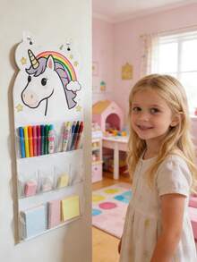 1pc Felt Dinosaur Or Unicorn Pattern Storage Bag, Suitable For Girls And Boys, Multipurpose For Storing Toys Or School Supplies, Suitable As Back To School/Graduation Gift, Can Be Hung On Wall As Decor, Excluding Hooks Or Toys/Accessories - White - View 4