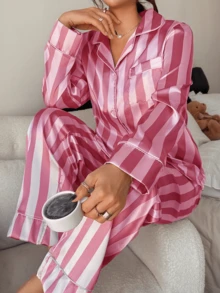 Dreamivo 2pcs/Set Women Striped Long Sleeve Pajama Set - Baby Pink - View 4