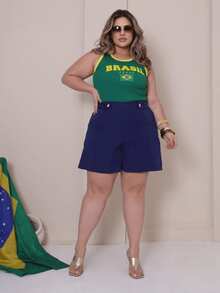 Women's Plus Size Two-Tone Ribbed Tank Top With Brazil Flag Print - World Cup 2026 - Lá cờ xanh - Xem 1