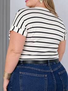Set Of 2 Plus Size Striped Blouses – Folded Japanese Sleeves, Comfy Cool Urban Chic - White/White - View 4