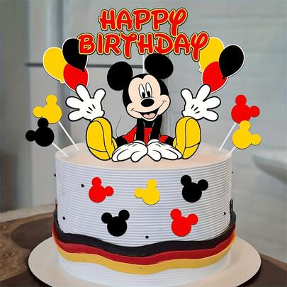 卡通老鼠生日蛋糕装饰套装，红黑黄/粉色领结老鼠纸杯蛋糕装饰插牌，配气球装饰，适合生日派对主题蛋糕装饰