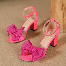 Geeyea Bow-Adorned High Heels With Pearl Ankle Strap Buckle, Open-Toe Chunky Heel With Rubber Sole, And Faux Leather Upper; Perfect For Dates, Parties, And Wedding Season. - Màu Hồng Tươi - Xem 3