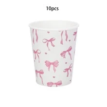 10pcs/20pcs/50pcs/80pcs Pink Bow Party Tableware Set - 9 /7 Inch Paper Dessert Plates ,Paper Cups ,Scalloped Edge Paper Napkins - Watercolor Pink Bow Heart Pattern Fancy Tableware For Coquette Bridal Shower, Princess Birthday, Tea Party Wedding Decor - Multicolor - View 9