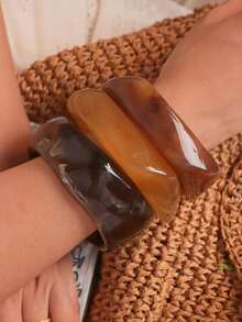 3pcs Blue Tie Dye Acrylic Bracelet Set, Elegant Minimalist Gradient Bangle Combination, Suitable For Daily Wear And Vacation - Brown - View 5