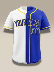 Customizable Blue & White Split-Color Baseball Jersey - Personalized Name & Number Two-Tone Shirt, Modern Varsity Button-Down With Gold Trim Sports - Blue - View 3