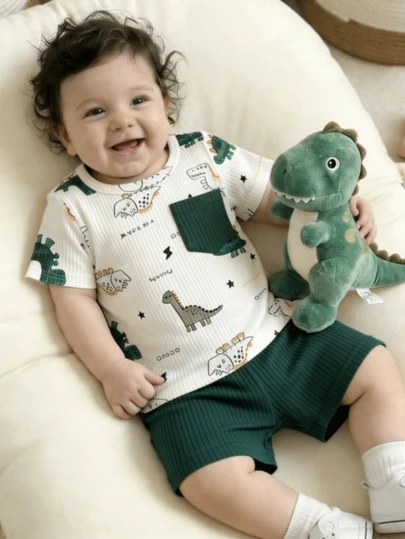 2pcs/Set Toddler Boys' Dinosaur Print Striped Short Sleeve T-Shirt + Shorts, Cute Cartoon Casual Summer Outfit