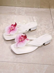 Sandal Musim Panas Model Baru Ukuran Besar dengan Ujung Persegi, Sandal Jepit Hak Tipis, Sandal Jepit Serbaguna dengan Hak Tipis untuk Wanita - Putih - View 5