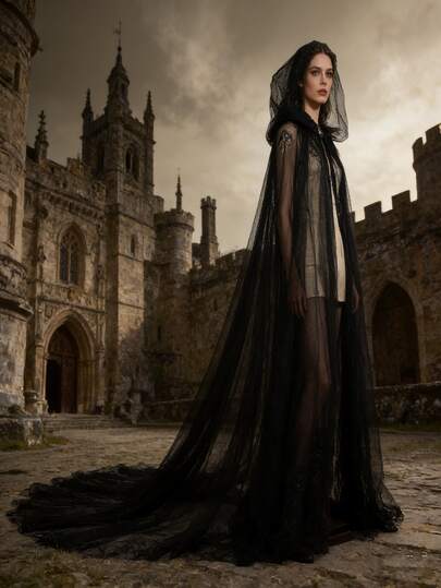 1 pieza Capa de fantasma de doble capa de malla para disfraz de novia fantasma, bruja, hombre y mujer, capa con capucha de vampiro de la muerte, nueva marca 2025 de doble capa de malla, chal vintage de unicolor con cordón, capa de novia vampiro, capa negra y blanca para mujer