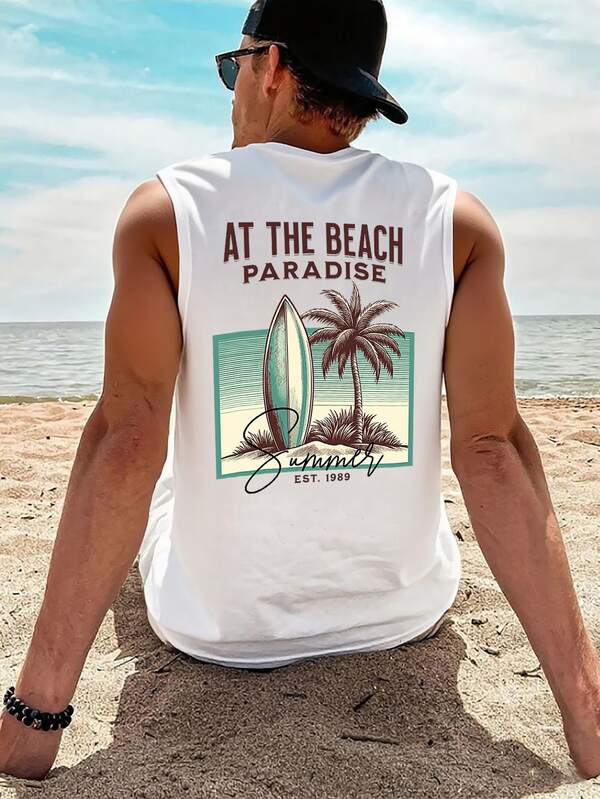 1 chiếc áo tank top nam cổ tròn in hình cây dừa, kiểu dáng thường ngày, thích hợp cho mùa hè.