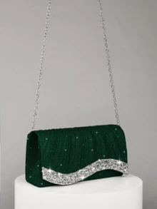 REMANLAND Mini Shiny Chain Folding Pleated Square Clutch Bag, Rhinestone Embellished Evening Bag, Perfect Match For Women's Ball Gown, Ball Accessories, Sequin Dress, Shiny Dress, Elegant Dress, Elegant Ball Bag, Perfect For Bridesmaids, Suitable For Wedding Reception, Party, Wedding, Ball, Banquet/Gala Occasions. - Dark Green - View 3