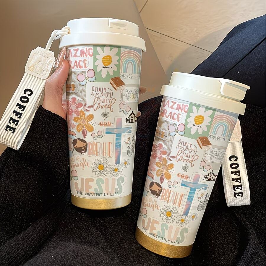 1pc/5pcs 500ml Inspirational Prayer Verse Insulated Coffee Mug - Dual Use (Hot/Cold Drinks), Floral & Cross Pattern; Suitable For Office, Travel, Valentine's Day, Birthday, Spiritual Gifts | Convenient Outdoor Travel Party Iced Coffee Juice Tea