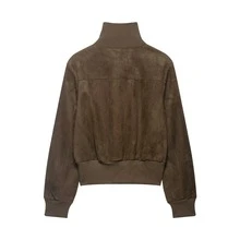 DEEKA 春秋新款女士外套，欧美简约罗纹立领飞行员夹克 - 棕色 - 查看 5