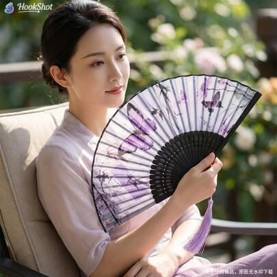 1pc Retro Folding Fan, Tassel Handheld Bamboo Fan, Crabapple Fan, Bamboo Fan, Painted Fan, Foldable Hand Fan, Wedding Fan, Party Fan, Decorative Fan, Elegant Casual Style, Mother's Day Gift, Birthday Gift, Back To School Gift