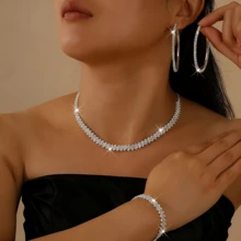 Bộ trang sức thời trang nữ 4 món gồm dây chuyền, bông tai và vòng tay, họa tiết hình thoi, phụ kiện cô dâu dự tiệc thanh lịch. - Bạc - Xem 4