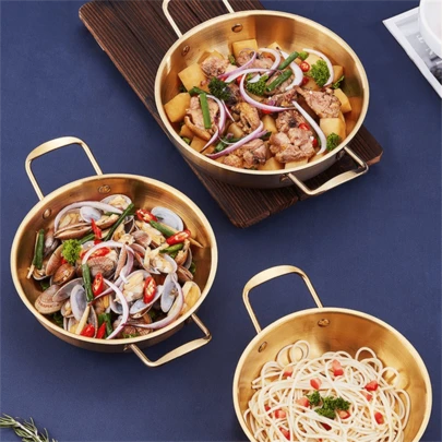 1 stuk Koreaanse roestvrijstalen ramenpan, mini-hotpot voor één persoon, gouden droogpan met dubbele deksel, soeppan voor huishoudelijk gebruik op gas, vispan