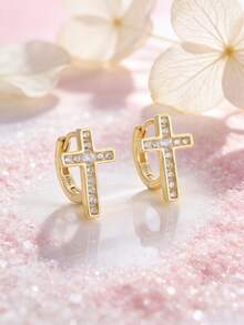 Artepollo 1 Đôi bông tai bạc 925 không gây dị ứng hình thánh giá đính đá Cubic Zirconia, quà tặng sinh nhật cho bé gái - Vàng - Xem 4