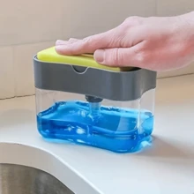 1个随机颜色塑料皂液器，带海绵架，自动液体皂液器，适用于厨房水槽，手动操作 - 非常适合厨房清洁、洗碗、擦拭，只需轻轻按压即可。 - 多色隨機送海綿 - 查看 1
