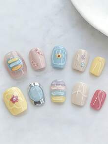 10pcs Handmade Short Rectangle Nail Stickers, Colors Include Yellow, Pink, Beige, Blue And Purple, With 3D Floral And Line Decor, Cute And Fashionable, Suitable For Spring, Summer, Autumn, Winter, Holidays And Daily Wear, For Women And Girls Nails Handmade Press On Nails - Multicolor - View 1
