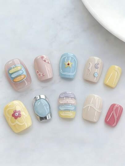 10 ชิ้น สติกเกอร์ติดเล็บสั้นสี่เหลี่ยมผืนผ้าทำมือ, สีเหลือง, ชมพู, เบจ, น้ำเงิน และม่วง, พร้อมตกแต่งลายดอกไม้และเส้น 3 มิติ, น่ารักและทันสมัย, เหมาะสำหรับฤดูใบไม้ผลิ, ฤดูร้อน, ฤดูใบไม้ร่วง, ฤดูหนาว, วันหยุดและการสวมใส่ประจำวัน, สำหรับผู้หญิงและเด็กผู้หญิง