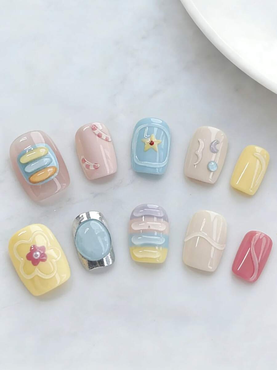 10pcs Handmade Short Rectangle Nail Stickers, Colors Include Yellow, Pink, Beige, Blue And Purple, With 3D Floral And Line Decor, Cute And Fashionable, Suitable For Spring, Summer, Autumn, Winter, Holidays And Daily Wear, For Women And Girls Nails Handmade Press On Nails - Multicolor - View 1