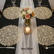 Conjunto de 4/6 jogos americanos redondos com estampa de flores douradas, em PVC, laváveis e fáceis de limpar, antiderrapantes, resistentes ao calor, ideais para decoração de quartos, mesas de jantar e outras ocasiões especiais, como festas, aniversários, casamentos e jantares. - Ouro - Ver 9