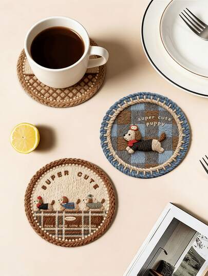 Niedlicher 3D Dackel Welpen Untersetzer-Set - Rutschfeste und hitzebeständige Getränkeuntersetzer aus Vliesstoff, ästhetische Retro-Heimdekoration für Kaffeetisch und Küche