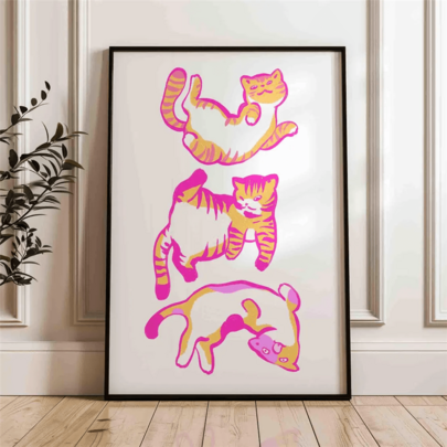 1PC Dopamine Style Pink Orange Cute Kitten Illustration Wall Art Print, Cat Poster Unframed, Lovely Kitten Wall Decor, Gift For Cat Lovers, Suitable For Bedroom Living Room Home Indoor Canvas Wall Decoration, Perfect Holiday Birthday Gift
