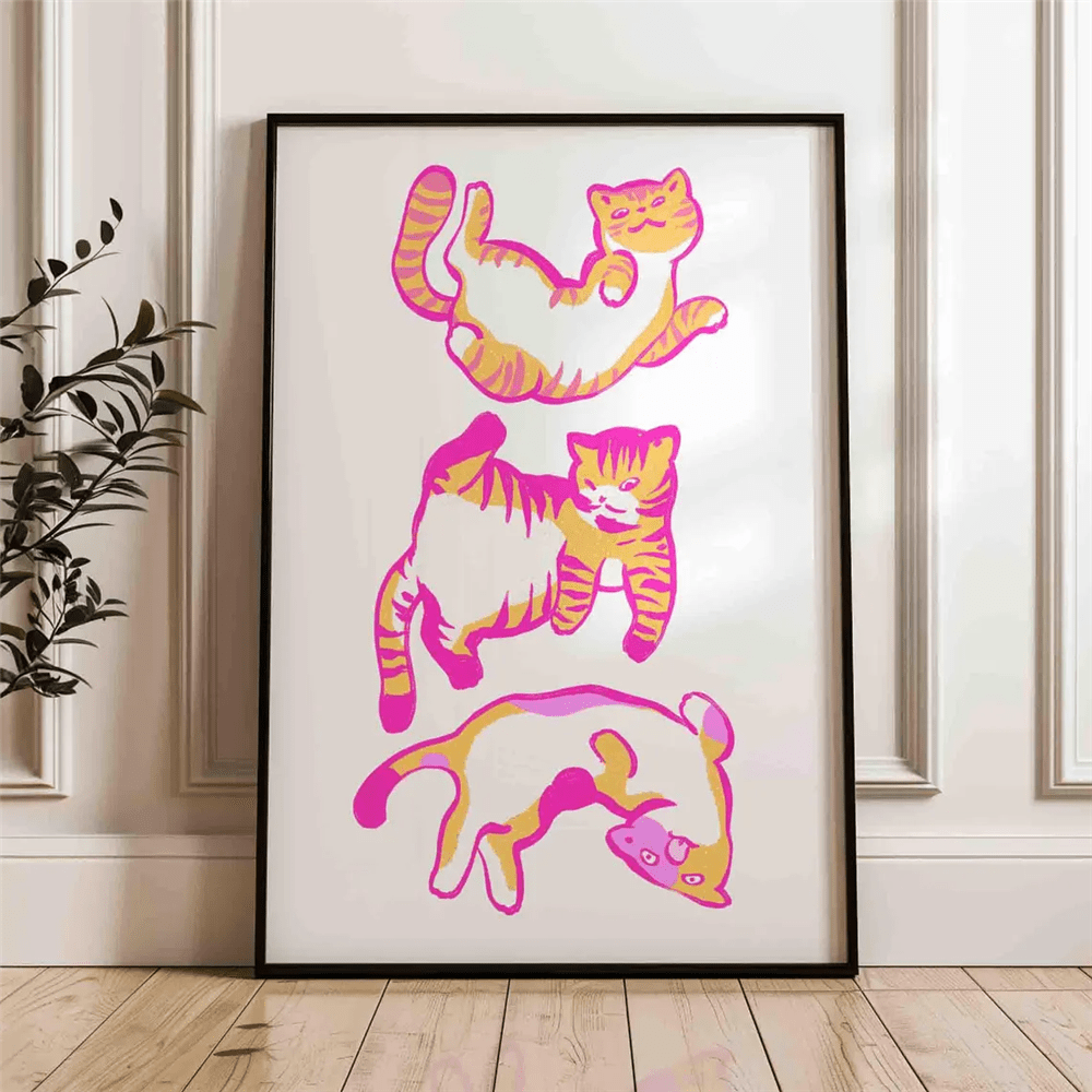 1PC Dopamine Style Pink Orange Cute Kitten Illustration Wall Art Print, Cat Poster Unframed, Lovely Kitten Wall Decor, Gift For Cat Lovers, Suitable For Bedroom Living Room Home Indoor Canvas Wall Decoration, Perfect Holiday Birthday Gift