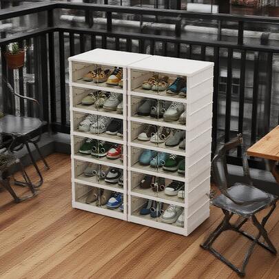 6 Tier Foldable Shoes Boxes For Small Spaces, Narrow Storage,  Portable Shoe Rack Organizer Foldable Shoe Box With Doors, Large Folding Cabinet Bins.Stackable Plastic Shoe Box, Storage Shoe Cabinet For Hallway, Living Room, Closet, Portable Closets