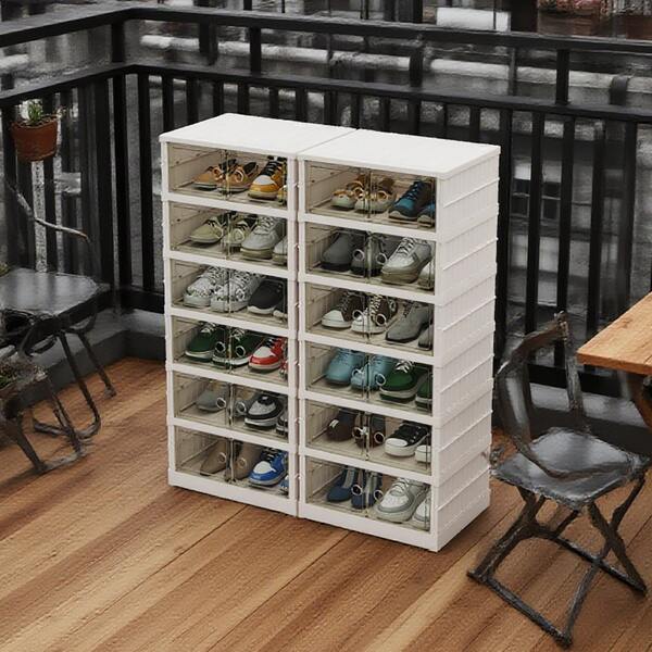 6 niveles Cajas plegables para zapatos para espacios pequeños, almacenamiento estrecho, organizador de estantería de zapatos plegable con puertas, grandes contenedores de gabinete plegables. Caja de zapatos apilable de plástico, gabinete de almacenamiento de zapatos para pasillo, sala de estar, armario, armarios portátiles