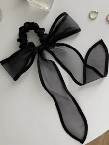 1pc Black Organza Bow Ribbon Hair Scrunchie, Elegant Chic Hair Accessory For Buns, Spring/Summer Travel Accessories Ponytail Holders Hair Elastics Hair Rubber Bands Hair Rope - Black - View 6