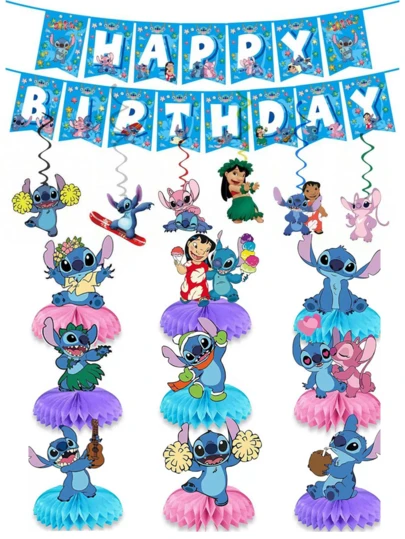 Disney Decoraciones completas para fiesta de cumpleaños con tema de Lilo y Stitch, incluye pancarta de feliz cumpleaños, globos y decoraciones para pastel, suministros para fiesta con el personaje de Stitch para fiesta de cumpleaños