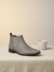 1 đôi bốt Chelsea nam mũi tròn, chất liệu da PU, đế cao su, kiểu dáng thường ngày, thoải mái. - Xám - Xem 2