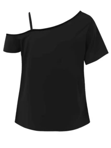 Plus-Size Women's Clothing, Plus-Size Women's Asymmetrical Strap One-Shoulder T-Shirt - Off-Shoulder/One-Shoulder Boat Neck Short-Sleeve Top, Elegant Casual H-Line Cut (Plus Sizes 12W-24W), Suitable For Beach Parties, Daily Wear, And Special Occasions - Spring/Summer Shirt 2026 Off The Shoulder Top - 黑色 - 查看 3