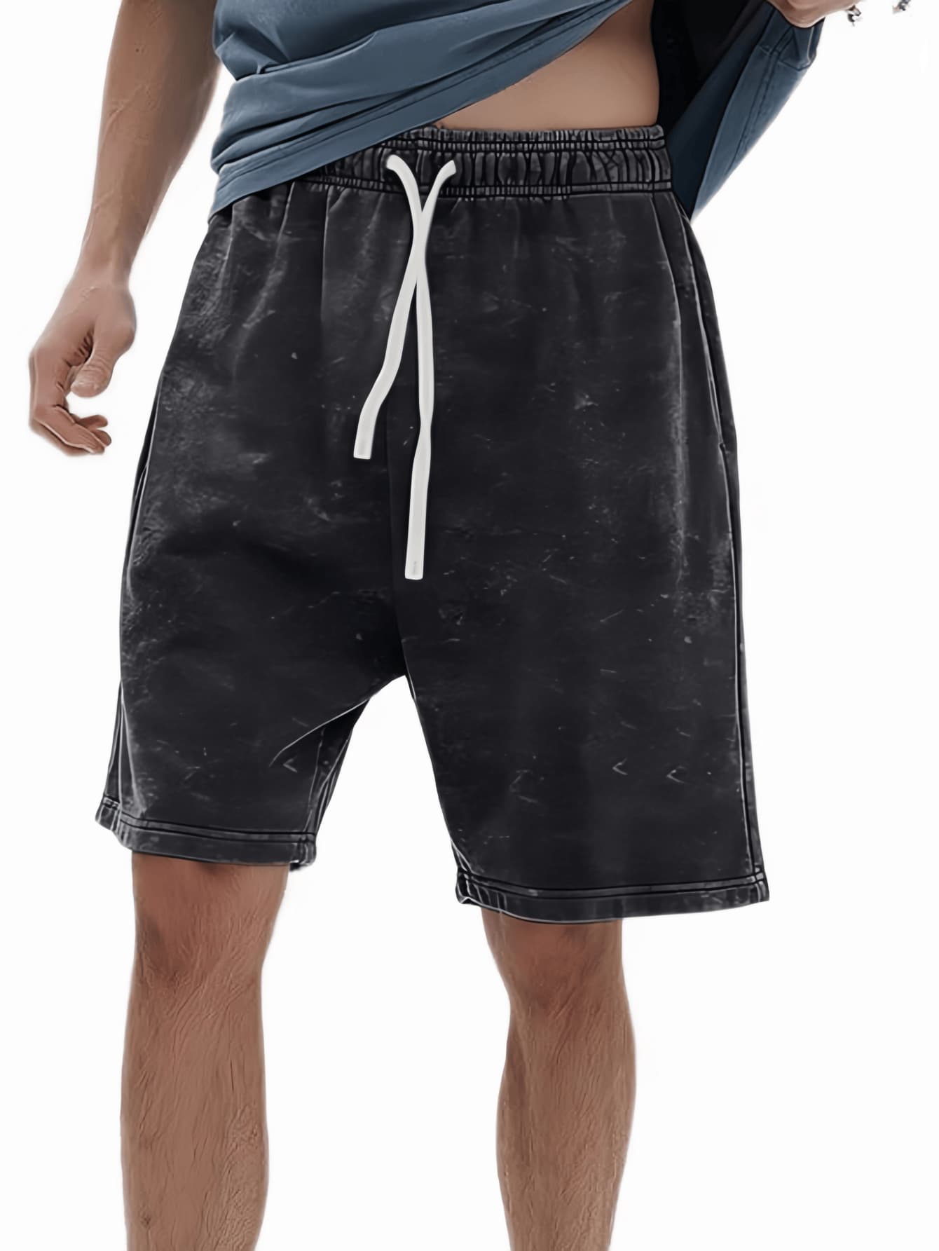 Men's Washed Vintage Shorts Casual Relaxed Fit Drawstring Waist Beach Shorts Streetwear Style Street Wear - 黑色 - 查看 1