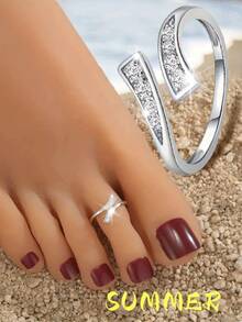 波西米亚风优雅露趾戒指，镶嵌闪亮锆石，可调节尺寸，夏季假日派对配饰，情人节礼物 - 銀色 - 查看 1