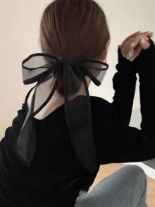 1pc Black Organza Bow Ribbon Hair Scrunchie, Elegant Chic Hair Accessory For Buns, Spring/Summer Travel Accessories Ponytail Holders Hair Elastics Hair Rubber Bands Hair Rope - Black - View 2